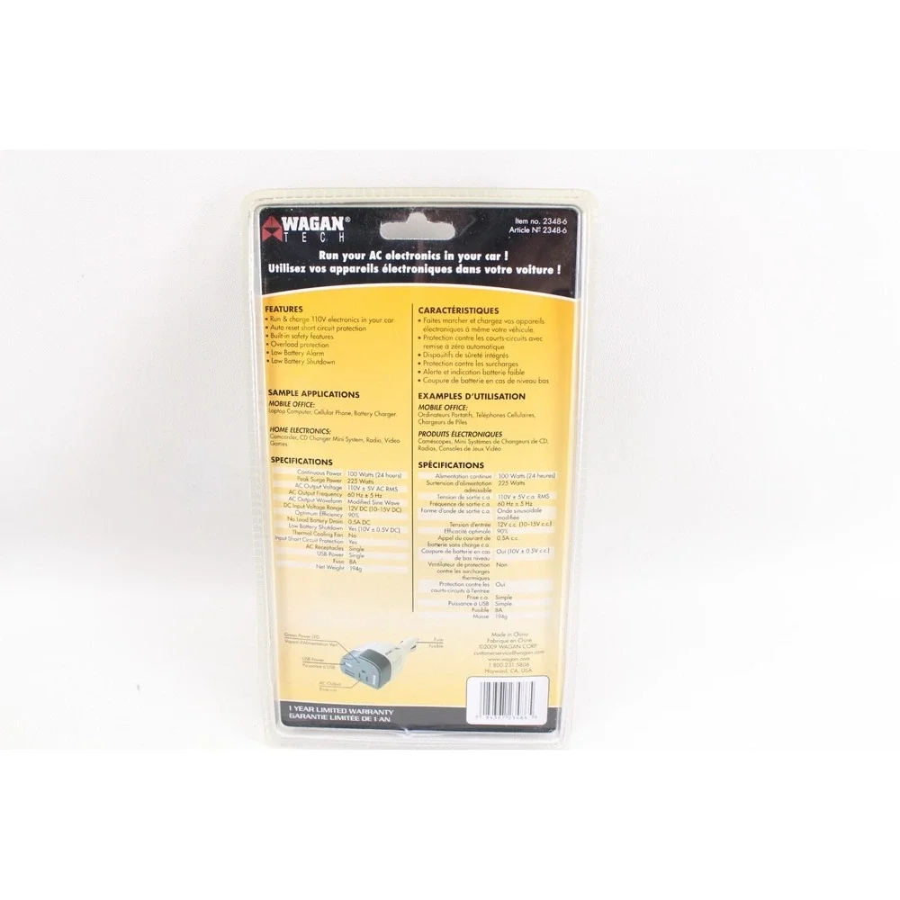 New Wagan Tech Smart AC 100 Watt USB 12-Volt Inverter 2348-6 12V DC To AC In Car